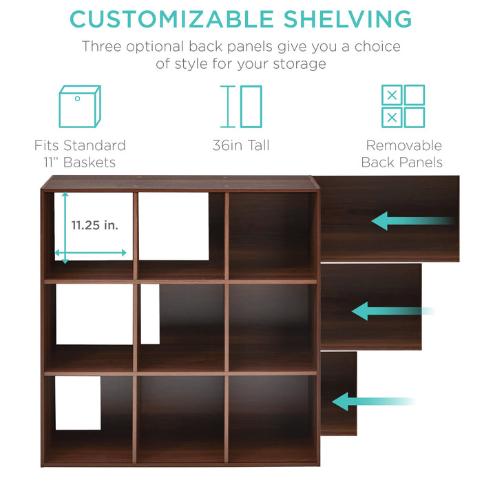 9-Cube Bookshelf Storage Display w/ 3 Removable Panels, Customizable Design