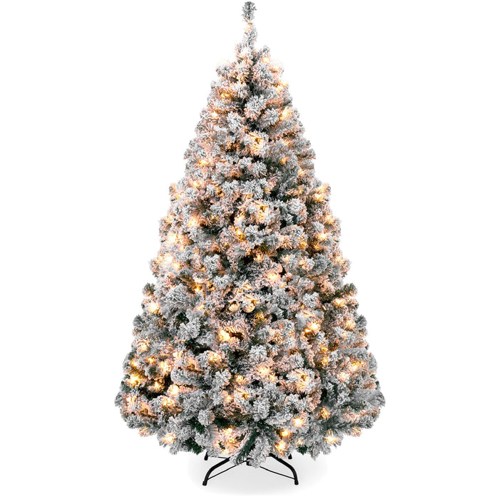 Pre-Lit Snow Flocked Artificial Pine Christmas Tree w/ Warm White Lights