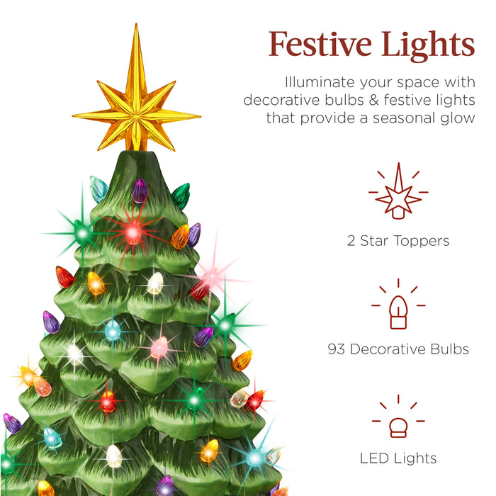 Large Pre-Lit Ceramic Christmas Tree Decoration w/ LED Light, Timer - 18in