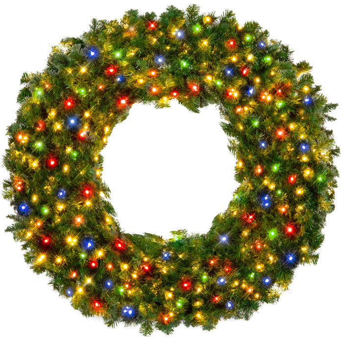 Pre-Lit Artificial Fir Christmas Wreath w/ Multicolor LED Lights, PVC Tips