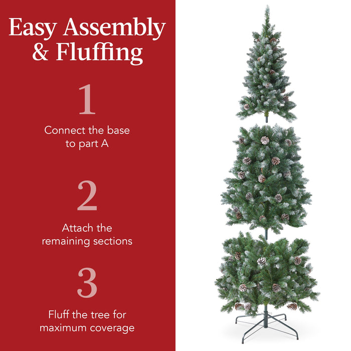 Pre-Lit Partially Flocked Pencil Christmas Tree w/ Pine Cones, Metal Stand