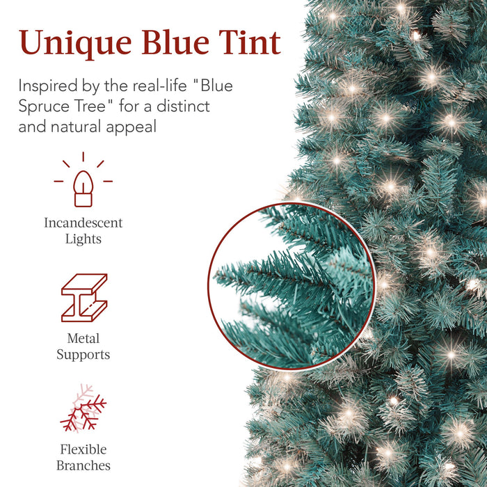 Pre-Lit Blue Spruce Pencil Christmas Tree w/ Metal Base, Incandescent Lights