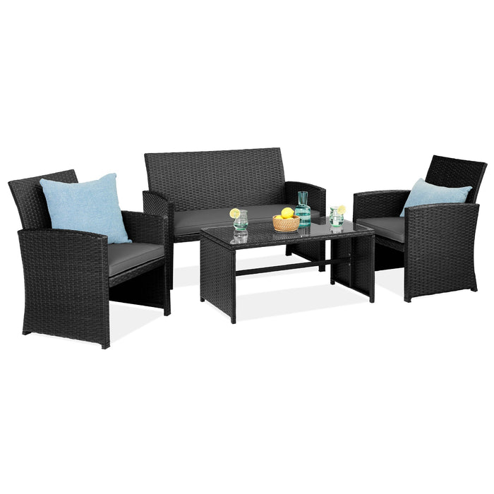 4-Piece Outdoor Wicker Conversation Patio Set w/ 4 Seats, Glass Table Top