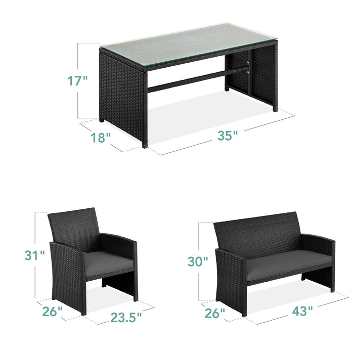 4-Piece Outdoor Wicker Conversation Patio Set w/ 4 Seats, Glass Table Top