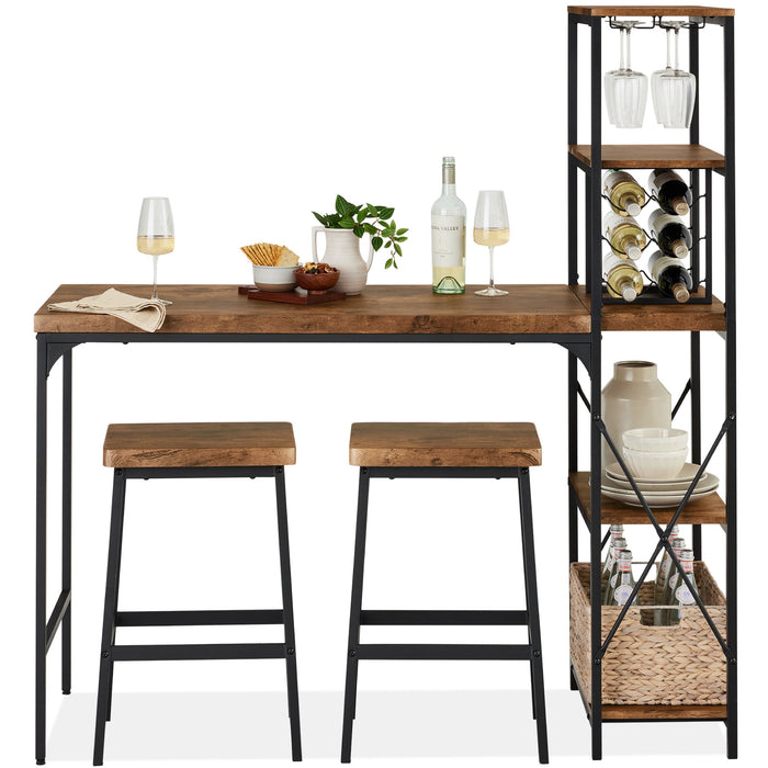 3-Piece Bar Height Dining Set w/ Bottle Rack, Glass Storage, 5 Shelves