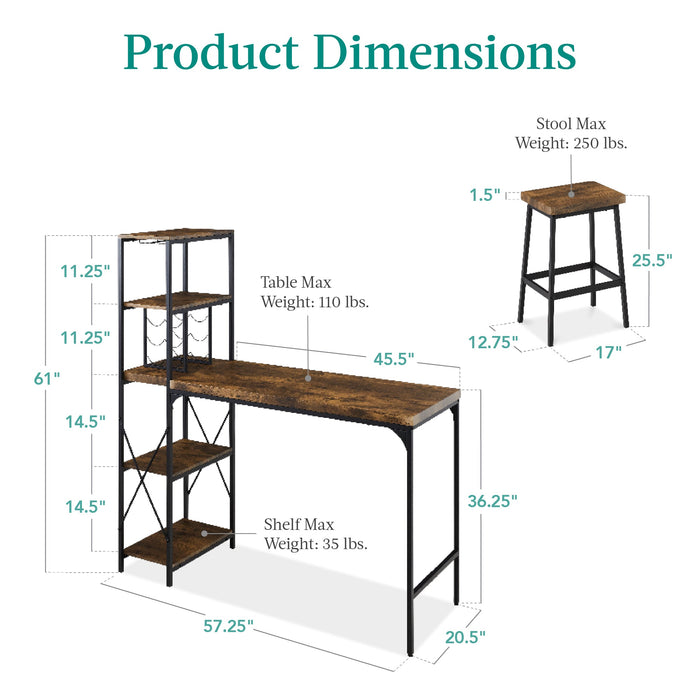 3-Piece Bar Height Dining Set w/ Bottle Rack, Glass Storage, 5 Shelves