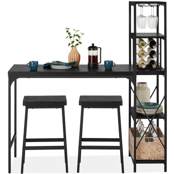 3-Piece Bar Height Dining Set w/ Bottle Rack, Glass Storage, 5 Shelves