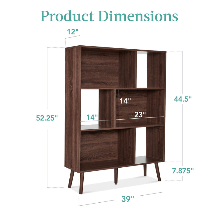 3-Tier Mid-Century Modern Wooden Bookcase w/ 3 Back Panels, Offset Legs