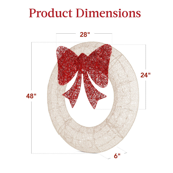 Couronne de Noël extérieure pré-éclairée, décoration de Noël en métal à DEL avec nœud - 48 po