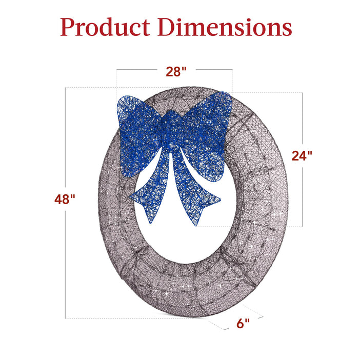 Couronne de Noël extérieure pré-éclairée, décoration de Noël en métal à DEL avec nœud - 48 po