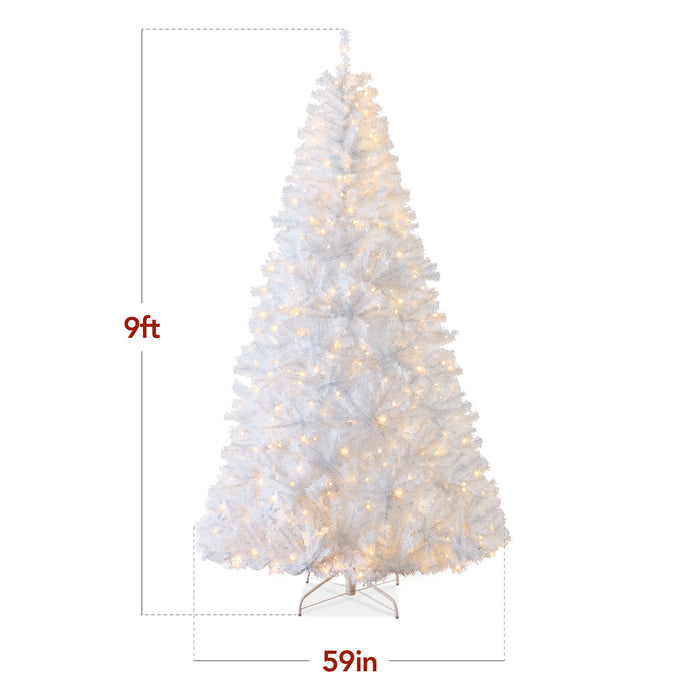 Pre-Lit Hinged Artificial White Pine Christmas Tree w/ Lights, Metal Stand