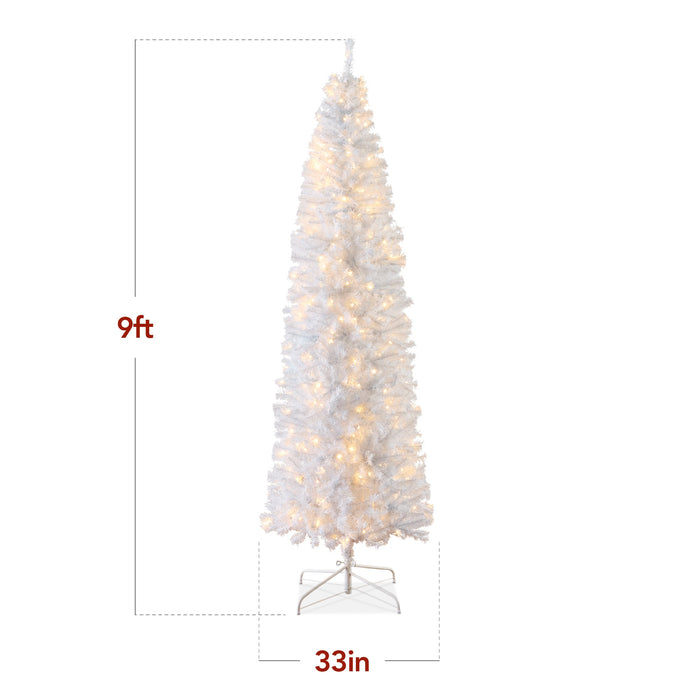 Sapin de Noël blanc illuminé avec base en métal et lumières incandescentes