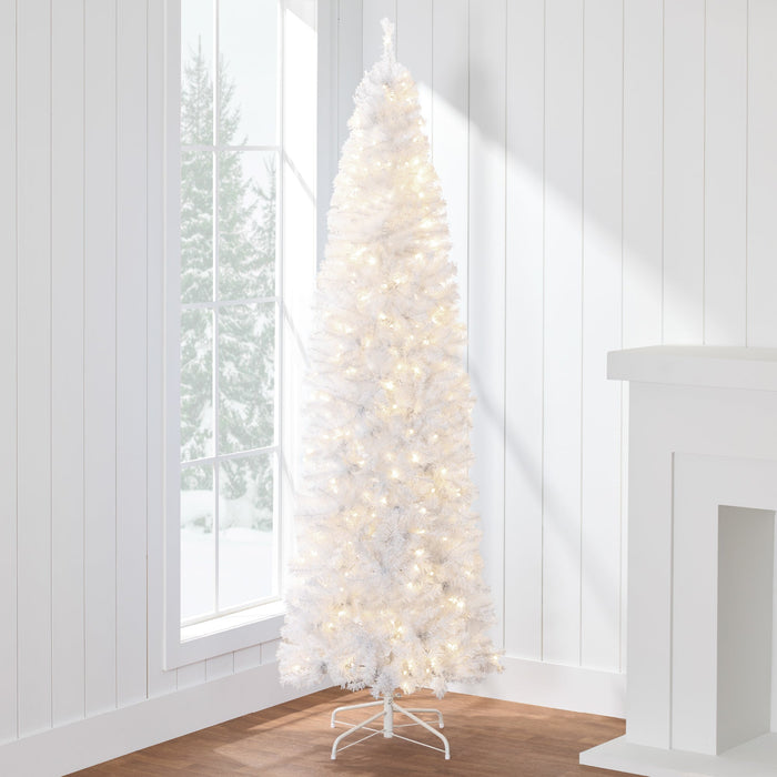 Sapin de Noël blanc illuminé avec base en métal et lumières incandescentes