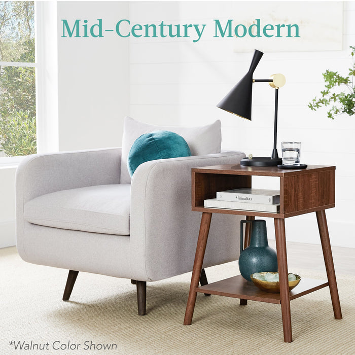 Set of 2 Mid-Century Modern End Tables w/ Cubby, Shelf