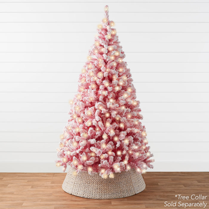 Sapin de Noël rose pré-éclairé, décoration de Noël entièrement recouverte de neige avec base en métal