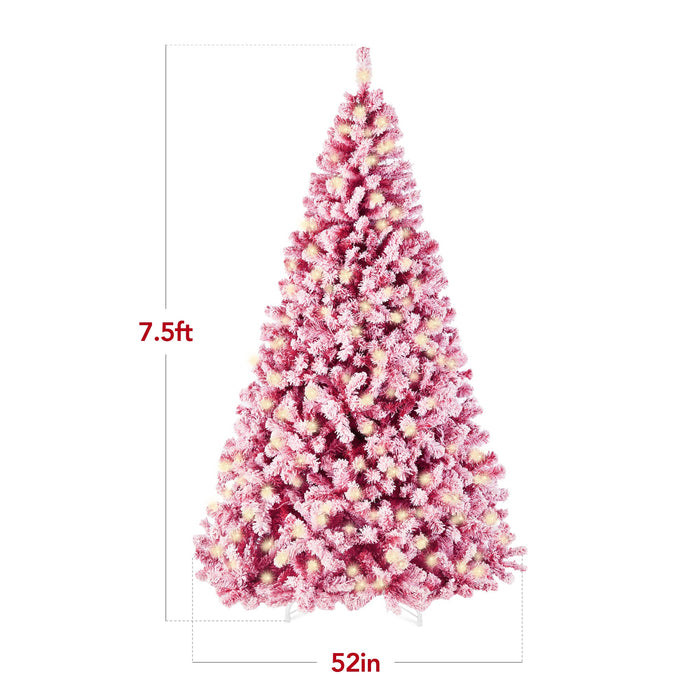 Sapin de Noël rose pré-éclairé, décoration de Noël entièrement recouverte de neige avec base en métal