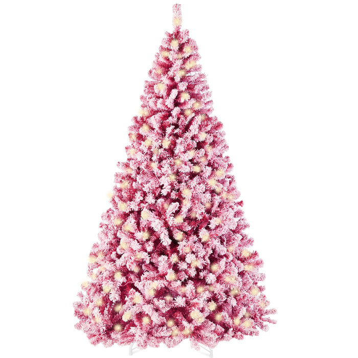 Prelit Pink Christmas Tree, Snow Flocked Full Holiday Decor w/ Metal Base