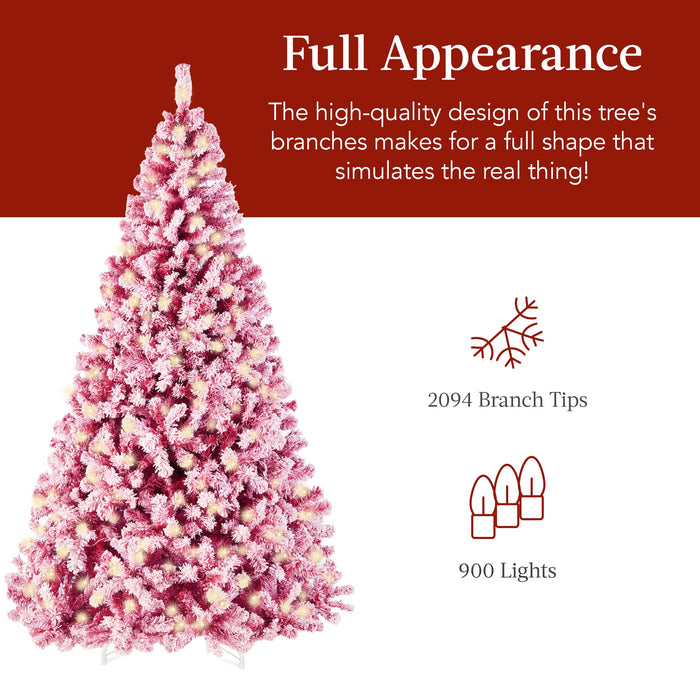 Sapin de Noël rose pré-éclairé, décoration de Noël entièrement recouverte de neige avec base en métal