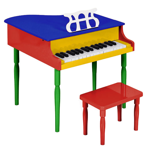 Kids Mini Wooden Grand Piano w/ Lid, Bench, Music Rack, Song Book, Stickers