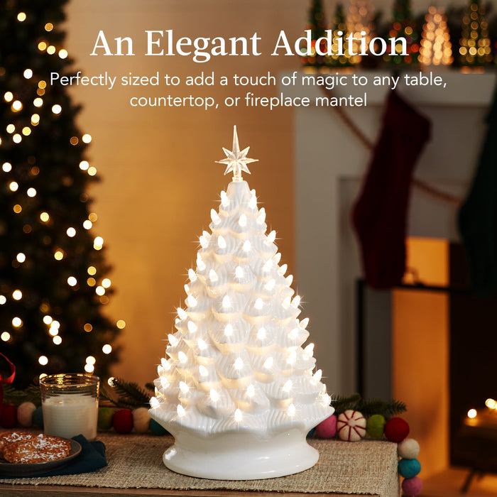 Large Pre-Lit Ceramic Christmas Tree Decoration w/ LED Light, Timer - 18in