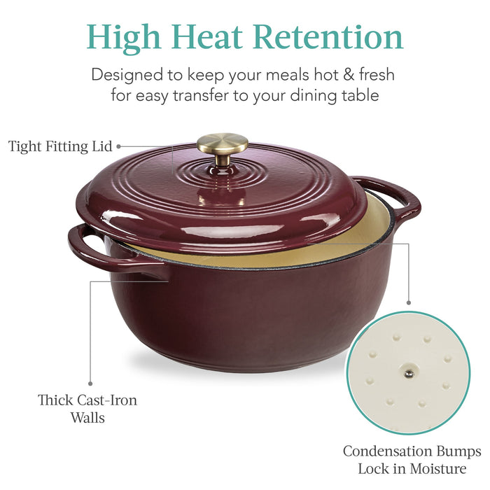 Cast-Iron Dutch Oven Kitchen Cookware w/ Enamel, Handles - 6qt