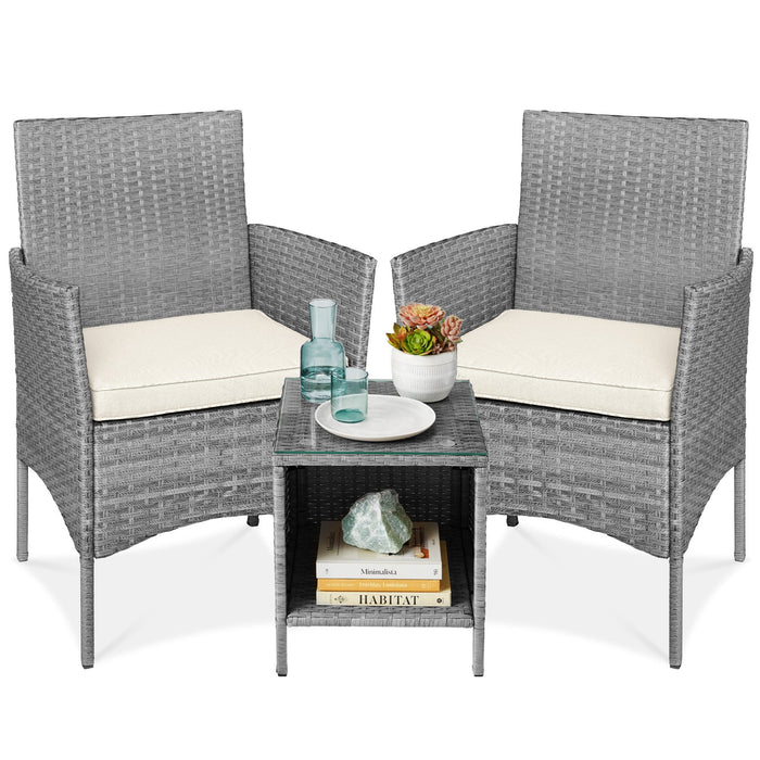 3-Piece Outdoor Patio Wicker Bistro Set w/ Side Storage Table