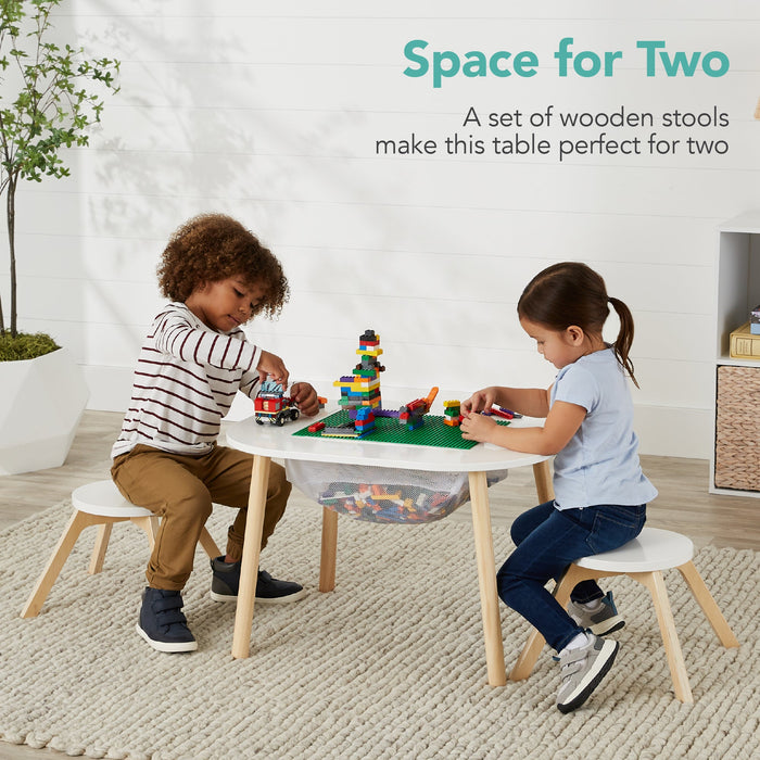 2-in-1 Kid's Building Block Table w/ 2 Stools, Storage Compartment