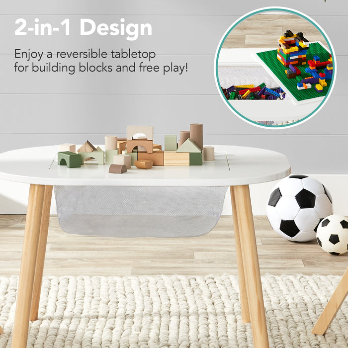 2-in-1 Kid's Building Block Table w/ 2 Stools, Storage Compartment