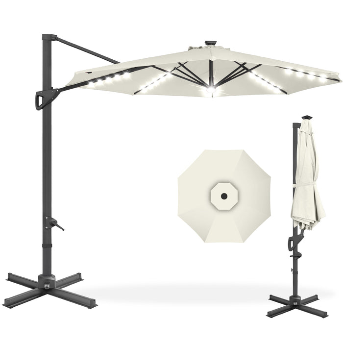 360-Degree Solar LED Cantilever Offset Patio Umbrella w/ Tilt - 10ft