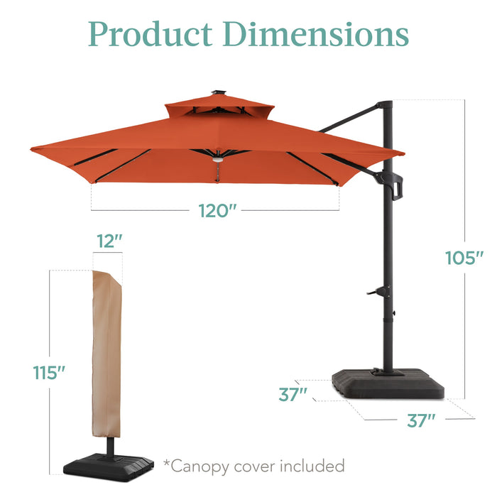 2-Tier Square LED Cantilever Offset Umbrella w/ 360 Rotation, Base - 10x10ft