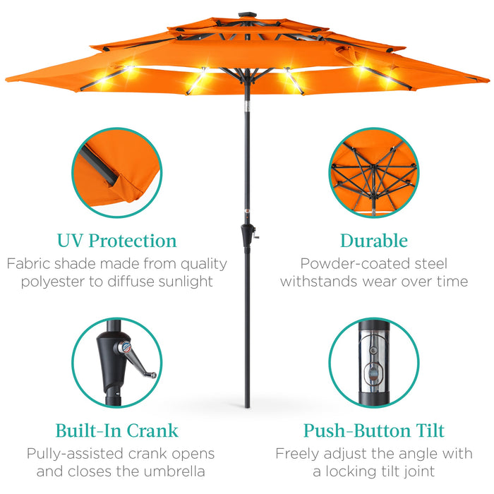 3-Tier Solar Patio Umbrella w/ LED Lights, Tilt Adjustment, Crank - 10ft