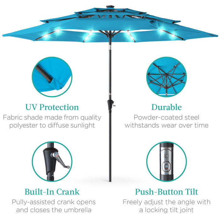 3-Tier Solar Patio Umbrella w/ LED Lights, Tilt Adjustment, Crank - 10ft