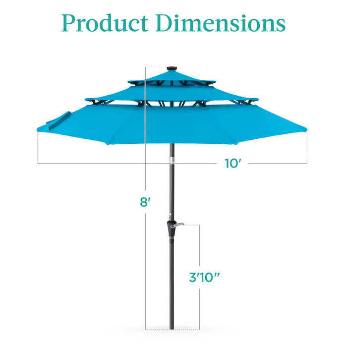 3-Tier Solar Patio Umbrella w/ LED Lights, Tilt Adjustment, Crank - 10ft