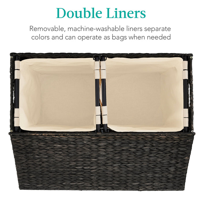 Large Water Hyacinth Double Laundry Hamper Basket w/ 2 Liner Bags