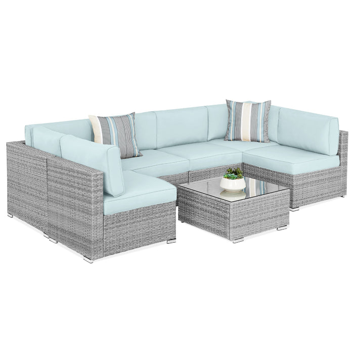 7-Piece Modular Wicker Sectional Conversation Set w/ 2 Pillows, Cover