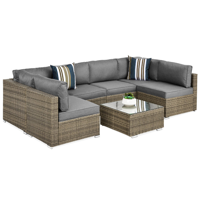 7-Piece Modular Wicker Sectional Conversation Set w/ 2 Pillows, Cover