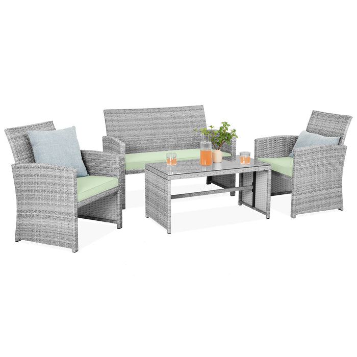 4-Piece Outdoor Wicker Conversation Patio Set w/ 4 Seats, Glass Table Top