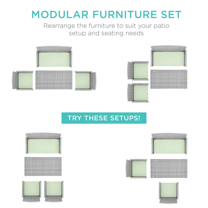 4-Piece Outdoor Wicker Conversation Patio Set w/ 4 Seats, Glass Table Top