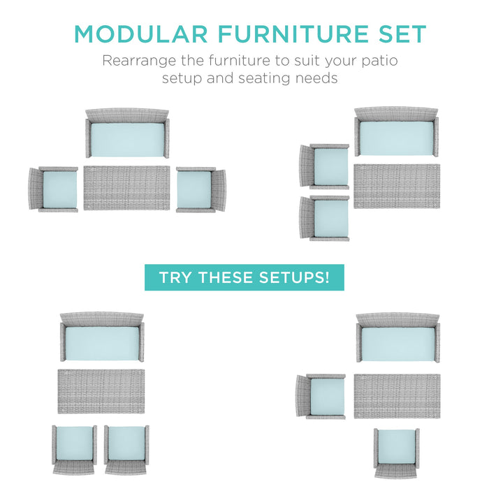 4-Piece Outdoor Wicker Conversation Patio Set w/ 4 Seats, Glass Table Top