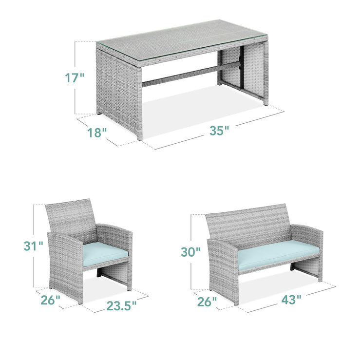 4-Piece Outdoor Wicker Conversation Patio Set w/ 4 Seats, Glass Table Top