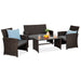 4-Piece Outdoor Wicker Conversation Patio Set w/ 4 Seats, Glass Table Top