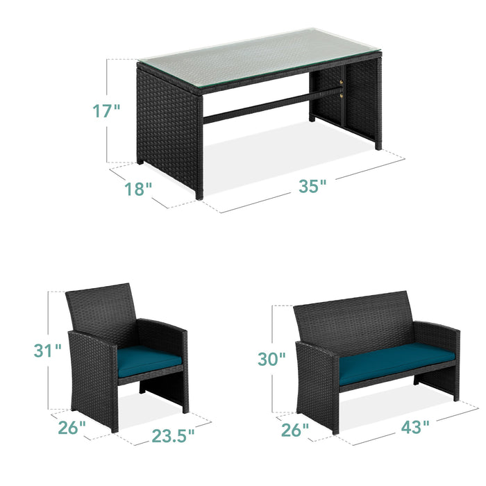 4-Piece Outdoor Wicker Conversation Patio Set w/ 4 Seats, Glass Table Top