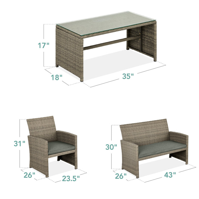 4-Piece Outdoor Wicker Conversation Patio Set w/ 4 Seats, Glass Table Top