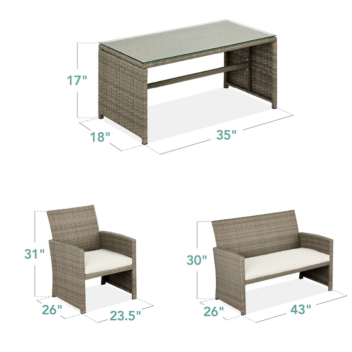 4-Piece Outdoor Wicker Conversation Patio Set w/ 4 Seats, Glass Table Top