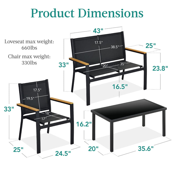 4-Piece Textilene Outdoor Conversation Set w/ Cushions, Table