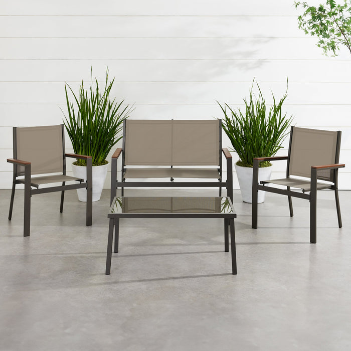 4-Piece Textilene Outdoor Conversation Set w/ Cushions, Table