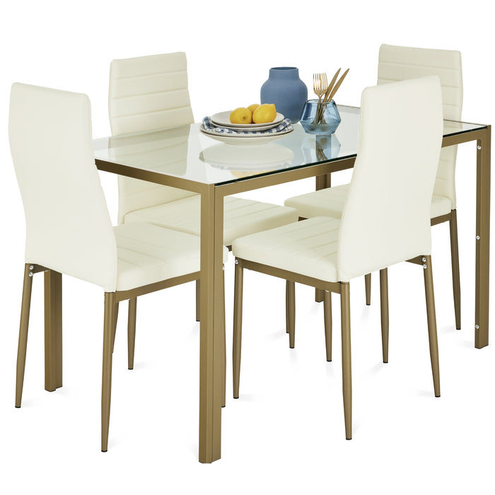 5-Piece Dining Table Set w/ Glass Top, Leather Chairs