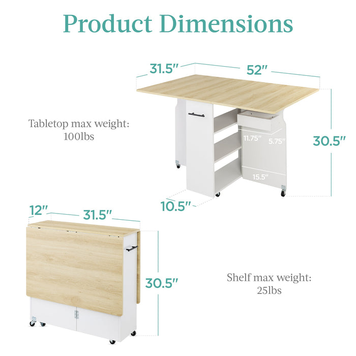 Multipurpose Folding Table w/ Wheels, 3 Storage Shelves, Cubby, Handle