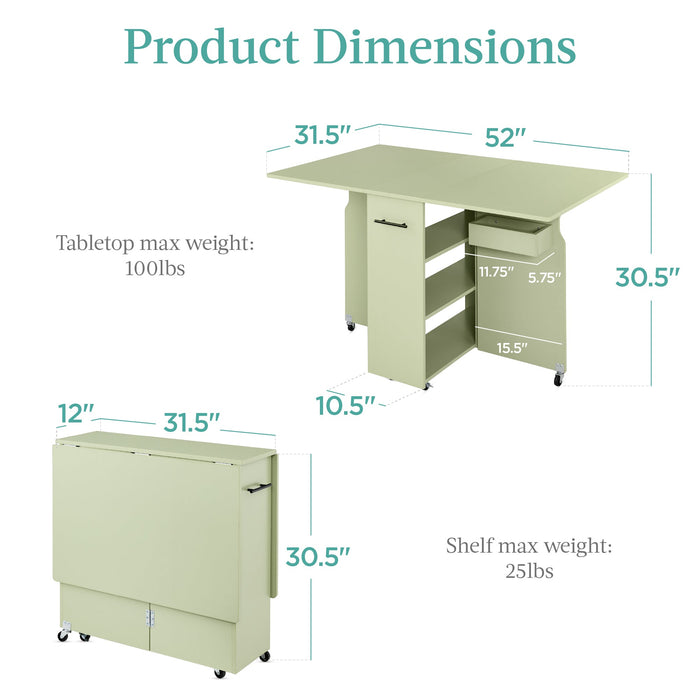 Multipurpose Folding Table w/ Wheels, 3 Storage Shelves, Cubby, Handle