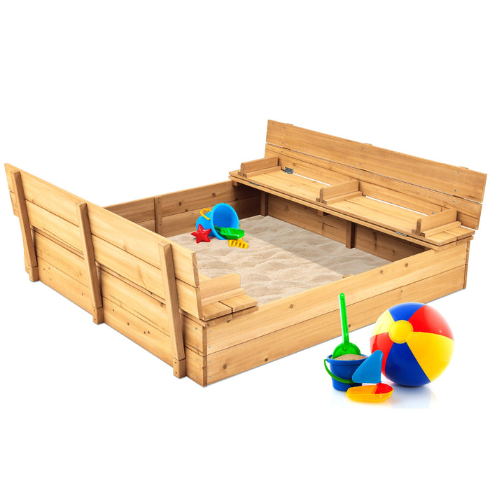 Kids Cedar Sandbox w/ Sand Screen, 2 Benches - 47x47in